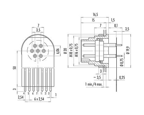 Verbinding & afmetingen 09 0327 65 07 - M16 Male panel mount connector, aantal polen: 7 (07-a), onafgeschermd, THT, IP40, Frontaansluiting