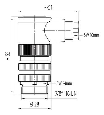 Mittakaavapiirustus 7/8" Kulmapistoke, Napojen määrä: 2+PE, 6,0-8,0 mm, suojaamaton, ruuviliitin, IP67, UL 2238, VDE