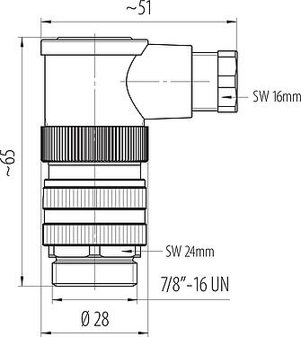 Mittakaavapiirustus 7/8" Kulmapistoke, Napojen määrä: 4+PE, 6,0-8,0 mm, suojaamaton, ruuviliitin, IP67, UL 2238, VDE