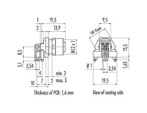 Scale drawing 99 3442 202 05 - M12 Female angled panel mount connector, Contacts: 5, unshielded, THR, IP68, UL 2238, for PCB assembly