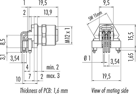 Schaaltekening M12 Haakse female panel mount connector, aantal polen: 5, onafgeschermd, THR, IP68, UL 2238, Frontaansluiting, voor PCB-montage