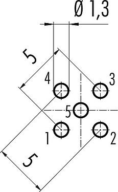 Conductor layout M12 Male panel mount connector, Contacts: 5, unshielded, THT, IP68, UL 2238, M16x1.5, Front mounting