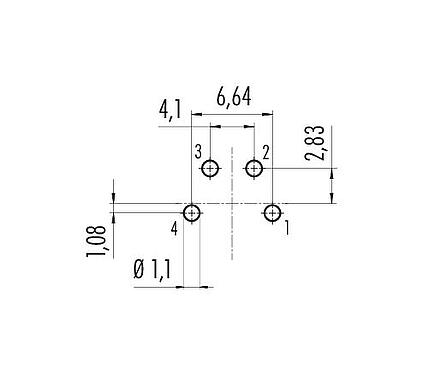 Leiterplattenlayout 09 0111 90 04 - M16 Flanschstecker, Polzahl: 4 (04-a), ungeschirmt, THT, IP67, UL, von vorne verschraubbar