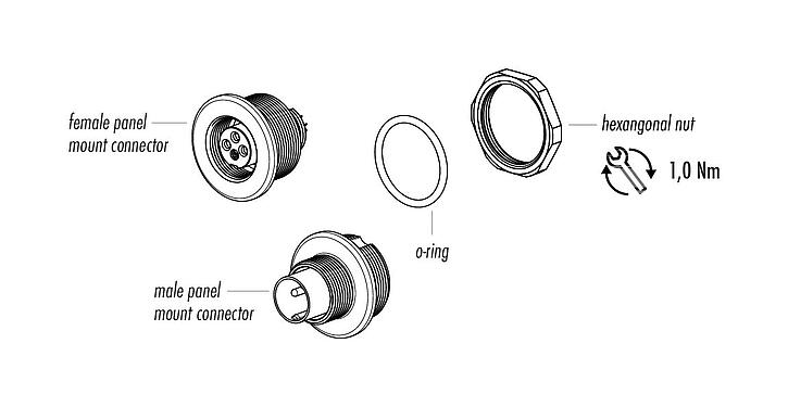 Component part drawing 09 0411 00 04 - M9 Male panel mount connector, Contacts: 4, unshielded, solder, IP67