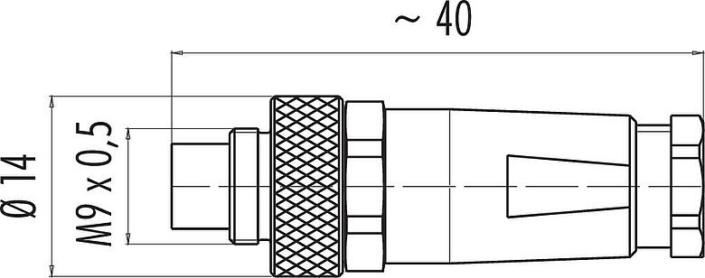 Disegno in scala M9 Connettore cavo maschio, Numero poli: 4, 3,5-5,0 mm, schermabile, saldare, IP67, con polsino schermante