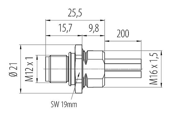 Bản vẽ tỷ lệ M12 Phích cắm gắn bảng, Số lượng cực : 4+PE, không có chống nhiễu, dây đơn, IP68, M16x1,5, Gắn phía trước, UL 2237 đang được chuẩn bị