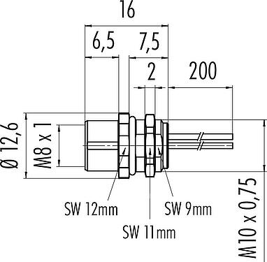 Disegno in scala M8 Connettore femmina a flangia, Numero poli: 4, non schermato, fili singoli, IP67, UL 2238, M10x0,75, Montaggio anteriore, modellato