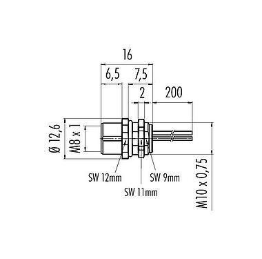 Dessin coté 76 6218 1111 00005-0200 - M8 Embase femelle, Contacts: 5, non blindé, fils, IP67, UL 2238, M10x0,75