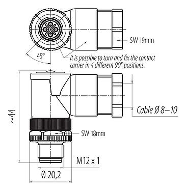 Méretarányos rajz M12 derékszögű csatlakozó, : 3+PE, 8,0-10,0 mm, árnyékolatlan, csavaros bilincs, IP67, UL 2238, VDE