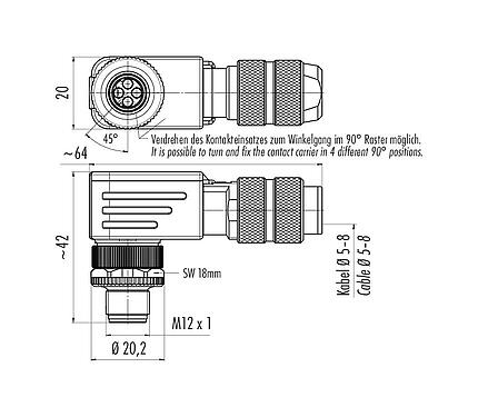 Scale drawing 99 3721 820 04 - M12 Male angled connector, Contacts: 4, 5.0-8.0 mm, shieldable, crimping (Crimp contacts must be ordered separately), IP67