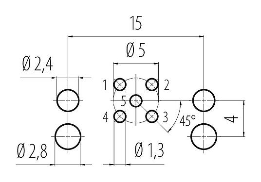 Layout dos condutores 99 3442 202 05 - M12 Soquete de flange, angular, Contatos: 5, desprotegido, THR, IP68, UL, para montagem de placas de circuito impresso