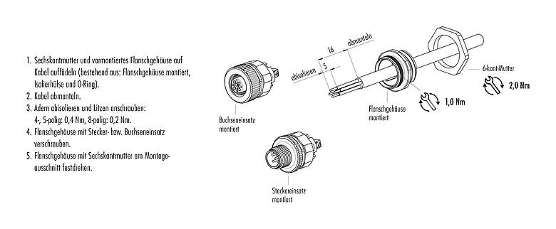 Montageanleitung M12 Flanschdose, Polzahl: 5, ungeschirmt, schraubklemm, IP67, UL 2238, VDE, M20x1,5, Frontmontage, für die Spannungsversorgung (Power)