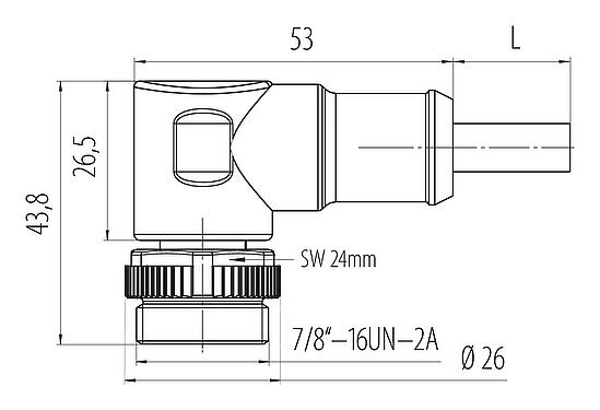 Dibujo a escala 7/8" Conector macho en ángulo, Número de contactos: 5, sin blindaje, moldeado en el cable, IP68, UL 2238, PUR, negro, 5 x 1,50 mm², 2 m