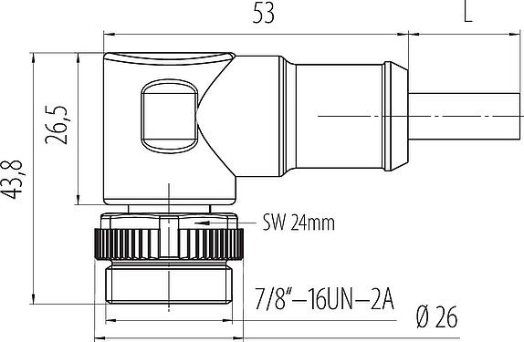Bản vẽ tỷ lệ 7/8" Phích cắm bẻ góc, Số lượng cực : 3, không có chống nhiễu, ép phun vào dây cáp, IP68, UL 2238, PUR, màu đen, 3x1,50mm², 2m