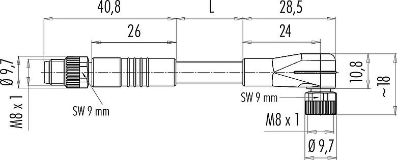 比例图 M8 连接线束 针头电缆连接器-孔头弯角电缆连接器, 极数: 3, 非屏蔽, 预铸电缆, IP67/IP69K, UL 2238, PUR, 黑色, 3x0.34mm², 2m