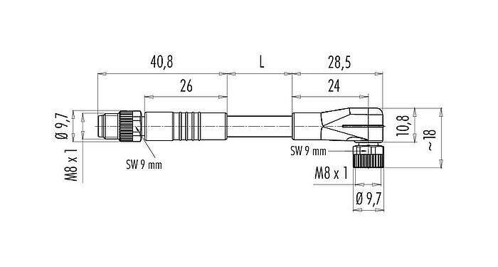 Dessin coté M8 Câble de raccordement connecteur mâle - connecteur femelle coudé, Contacts: 3, non blindé, surmoulé sur le câble, IP67/IP69K, UL 2238, PUR, noir, 3 x 0,34 mm², 2 m