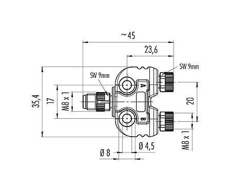 Maßzeichnung M8 Zweifachverteiler, Y-Verteiler, Stecker - 2 Dosen, Polzahl: 4/3, ungeschirmt, steckbar, IP67, UL 2238