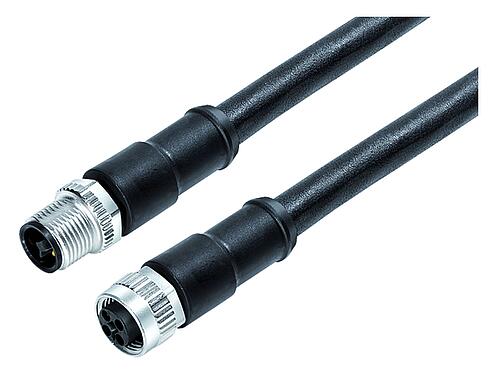Illustration M12 Câble de raccordement connecteur mâle - connecteur femelle, Contacts: 4, non blindé, surmoulé sur le câble, IP68, UL 2238, PUR, noir, 4 x 1,50 mm², 5 m