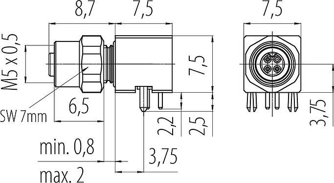 Schaaltekening M5 Haakse female panel mount connector, aantal polen: 3, schermbaar, soldeer, IP68, UL 2238, Achterwandmontage, gegoten