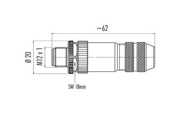 比例图 M12 直头针头电缆连接器, 极数: 12, 6.0-8.0mm, 可接屏蔽, 焊接, IP67, UL 2238, 带防护环