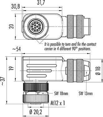 Skalritning M12 Vinkeluttag, antal poler: 12, 6,0-8,0 mm, kan skärmas, lödning, IP67, UL 2238, med skärmring