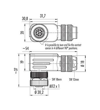 Scale drawing M12 Female angled connector, Contacts: 12, 6.0-8.0 mm, shieldable, solder, IP67, UL 2238, with shielding ring