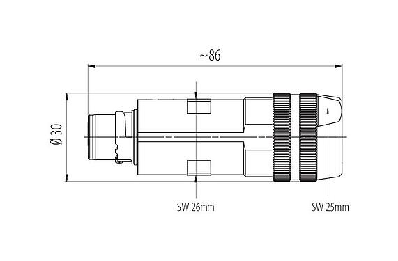 Dibujo a escala 99 6165 000 06 - Bayoneta Conector de cable macho, Número de contactos: 6 (3+PE+2), 7,0-14,0 mm, sin blindaje, tornillo extraíble, IP67 enchufado y bloqueado