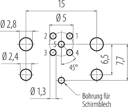 Leiterplattenlayout M12 Flanschstecker, Polzahl: 5, schirmbar, THR, IP67, UL 2238, M12x1,0, Rückwandmontage