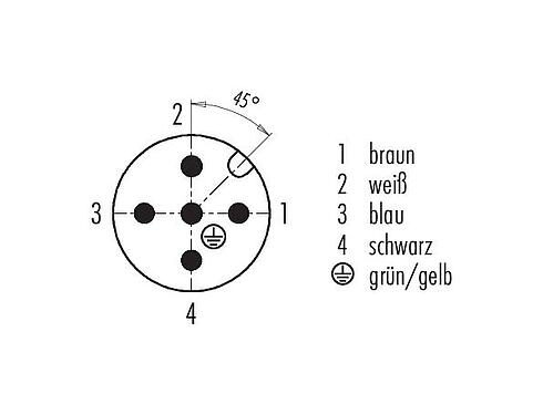 Polbild (Steckseite) M12 Winkelstecker, Polzahl: 5, ungeschirmt, am Kabel angespritzt, IP68/IP69K, UL 2238, PUR, orange, 5 x 0,34 mm², für Schweißanwendungen, 10 m