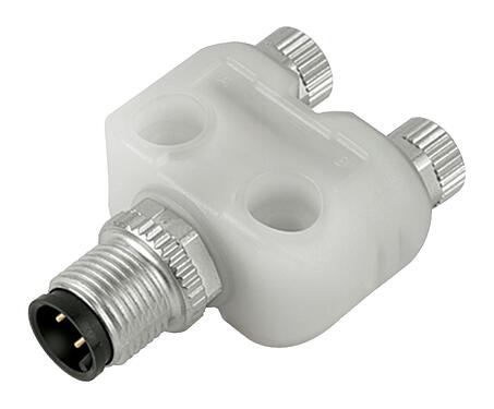 Illustration M12/M8 Twin distributors Y-distributor, male connector - 2 female connector, Contacts: 4/3, unshielded, pluggable, IP68, UL 2238, with LED PNP