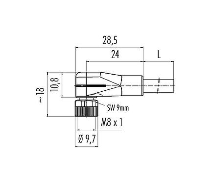 Dessin coté M8 Connecteur femelle coudé, Contacts: 3, non blindé, surmoulé sur le câble, IP67/IP69K, UL 2238, PUR, noir, 3 x 0,34 mm², avec LED, PNP, 2 m