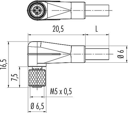 Mittakaavapiirustus M5 Kulmarasia, Napojen määrä: 3, suojaamaton, suihkutettu kaapelille, IP67, UL 2238, M5x0,5, PUR, musta, 3 x 0,14 mm², 2 m