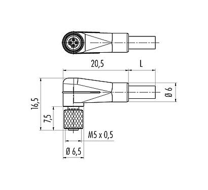 Scale drawing 77 3454 0000 40003-0500 - M5 Female angled connector, Contacts: 3, unshielded, moulded on the cable, IP67, UL, M5x0.5, PUR, black, 3 x 0.14 mm², 5 m