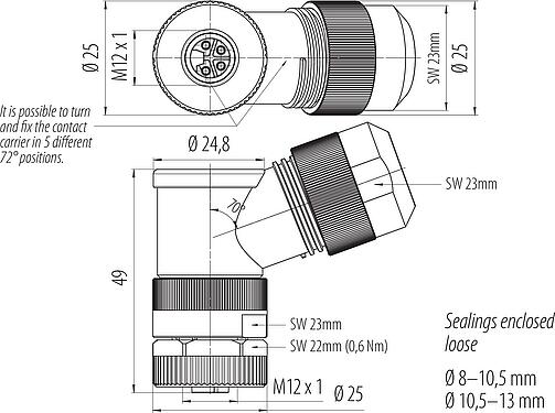 Bản vẽ tỷ lệ M12 Ổ cắm bẻ góc, Số lượng cực : 4, 8,0-13,0mm, không có chống nhiễu, kẹp vít, IP67, UL 2238, M12x1,0, Dành cho tủ cấp (nguồn)
