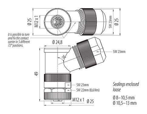 Mittakaavapiirustus M12 Kulmarasia, Napojen määrä: 4, 8,0-13,0 mm, suojaamaton, ruuviliitin, IP67, UL 2238, M12x1,0, virtalähde varten