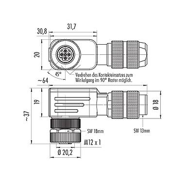 Maßzeichnung M12 Winkeldose, Polzahl: 4, 5,0-8,0 mm, schirmbar, schraubklemm, IP67, UL 2238, Irisfeder