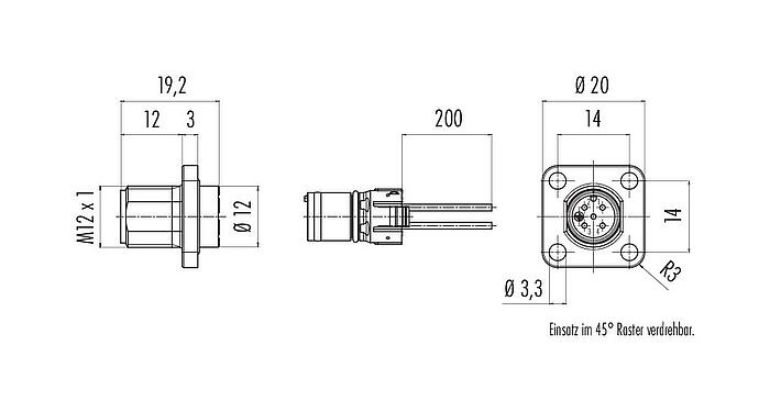 Maßzeichnung M12 Vierkant-Flanschstecker, Polzahl: 4, ungeschirmt, Litzen, IP69k, IP68, IP67, UL 2238, M3 (4x), Frontmontage, Vierkantgehäuse 20 mm, Kodierungsausrichtung positionierbar