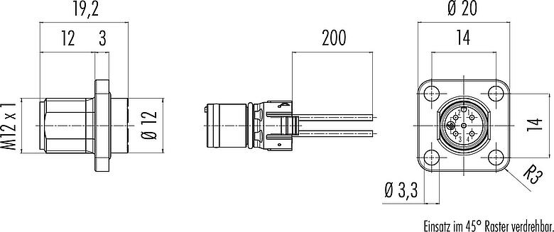 Maßzeichnung M12 Vierkant-Flanschstecker, Polzahl: 5, ungeschirmt, Litzen, IP69k, IP68, IP67, UL 2238, M3 (4x), Frontmontage, Vierkantgehäuse 20 mm, Kodierungsausrichtung positionierbar