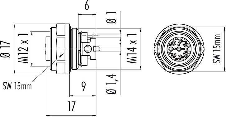 Scale drawing M12 Female panel mount connector, Contacts: 8, shieldable, SMT, IP67, M14x1.0, Front mounting