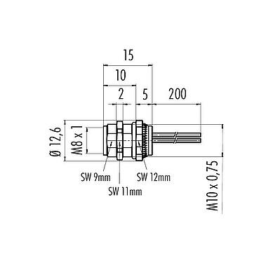 Scale drawing 76 6618 1111 00003-0200 - M8 Female panel mount connector, Contacts: 3, unshielded, single wires, IP67, UL 2238, M10x0.75, rear mounting
