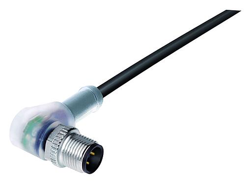 Illustratie M12 Male haakse connector, aantal polen: 4, onafgeschermd, aan de kabel aangegoten, IP68/IP69K, UL 2238, PUR, zwart, 4 x 0,34 mm², met LED PNP, 2 m