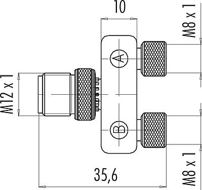 Scale drawing M12/M8 Twin distributors Y-distributor, male connector - 2 female connector, Contacts: 4/3, unshielded, pluggable, IP68, UL 2238