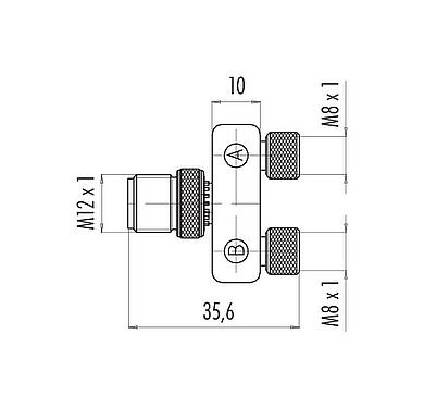 縮尺図 M12/M8 分岐ユニット, Yディストリビューター, プラグ - 2ソケット, 極数: 4/3, 非シールド, プラグイン可能, IP68, UL 2238