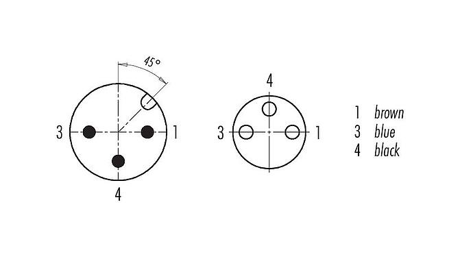 Disposition des contacts (Côté plug-in) M12/M8 Connecteur mâle - connecteur d‘angle femelle, Contacts: 3, non blindé, surmoulé sur le câble, IP67/IP69K, UL 2238, PUR, noir, 3 x 0,34 mm², 2 m