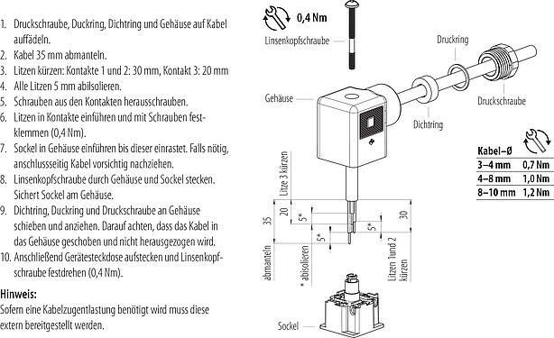 Montageanleitung Gerätesteckdose, Polzahl: 2+PE, 8,0-10,0 mm, ungeschirmt, schraubklemm, IP40 ohne Dichtung, PG 11, Schaltung E6, mit LED PNP