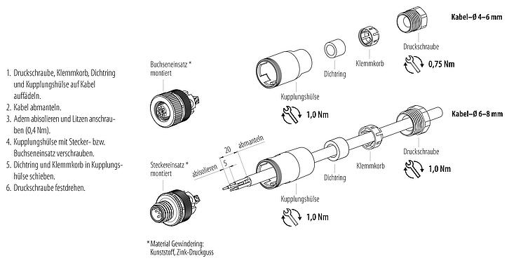 Montageanleitung M12 Kabelstecker, Polzahl: 4, 6,0-8,0 mm, ungeschirmt, schraubklemm, IP67, UL 2238