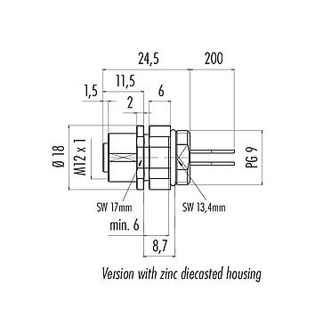 Scale drawing 76 0732 0011 00004-0200 - M12 Female panel mount connector, Contacts: 4, unshielded, single wires, IP68/IP69K, UL, PG 9
