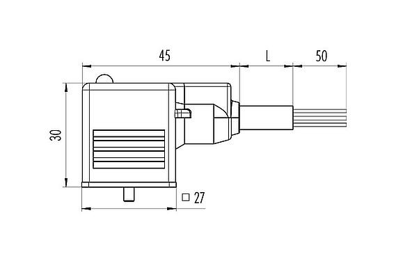 Dibujo a escala 31 5236 500 510 - Conector de válvula solenoide hembra, Número de contactos: 2+2PE, sin blindaje, moldeado en el cable, IP67, PUR, negro, Circuito Z10, con LED PNP, 5 m