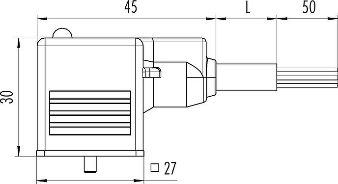 Dibujo a escala Conector de válvula solenoide hembra, Número de contactos: 2+2PE, sin blindaje, moldeado en el cable, IP67, PUR, negro, 5 m