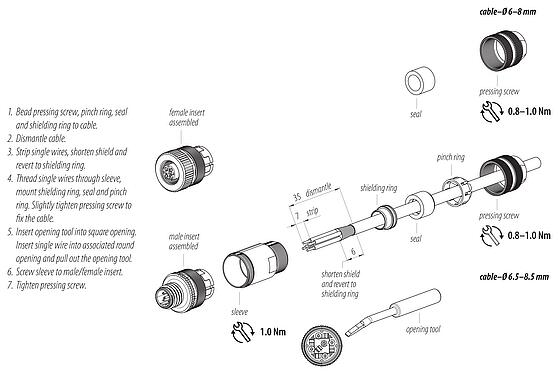 Monteringsanvisningar 99 1535 810 05 - M12 Kabelplugg, antal poler: 5, 6,0-8,0 mm, kan skärmas, dragavlastning, IP67